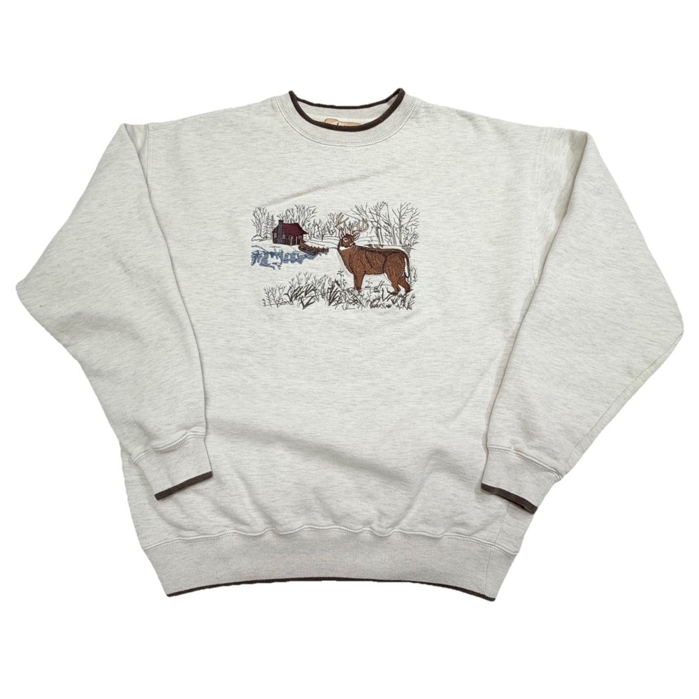 Woodland Trail Sweatshirt Mens Medium Green Deer Cabin Graphic Fleece Pullover